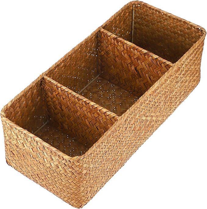 Hipiwe Seagrass Storage Basket with 3 Section, Hand-Woven Wicker Bathroom Storage Bin Tissue Toilet Paper Organizer Basket for Shelves, Kitchen, Bathroom (Caramel)