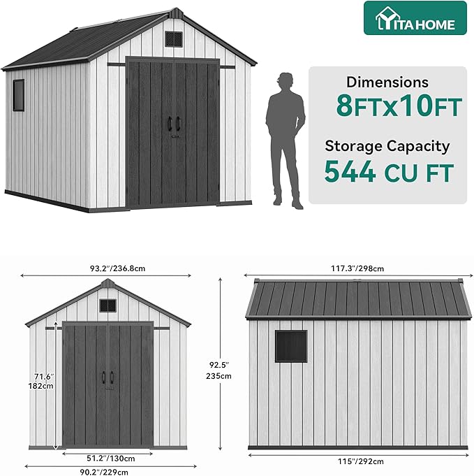YITAHOME 8x10 FT Large Outdoor Storage Shed with Vision Windows, Extra Thick Resin Shed with Floor and Vents, 16mm Heavy Duty Plastic Storage Shed Tool Organizer for Backyard Garden Patio Lawn, Gray