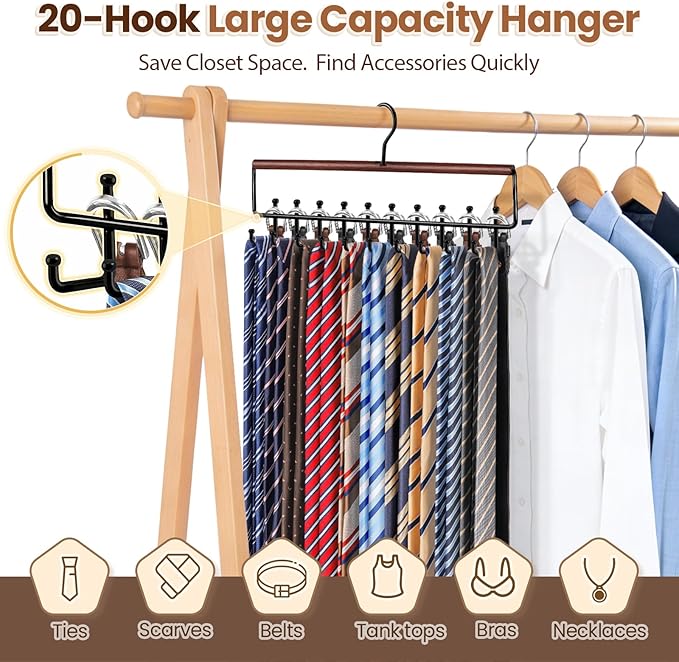 2PCS Tie Rack Hanger for Closet Upgraded 2-in-1 Tie and Belt Hanger Non Slip Tie Rack with 20 Hooks Tie Hanger Space Saving Wooden Belt Tie Organizer for Tank Tops Bras Cami Scarves, Walnut Color