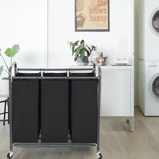 Laundry Sorter Hamper with Wheels, Heavy-Duty Laundry Sorter Rolling Cart, Lockable Wheels and Removable Bags, 3 Sections, Black