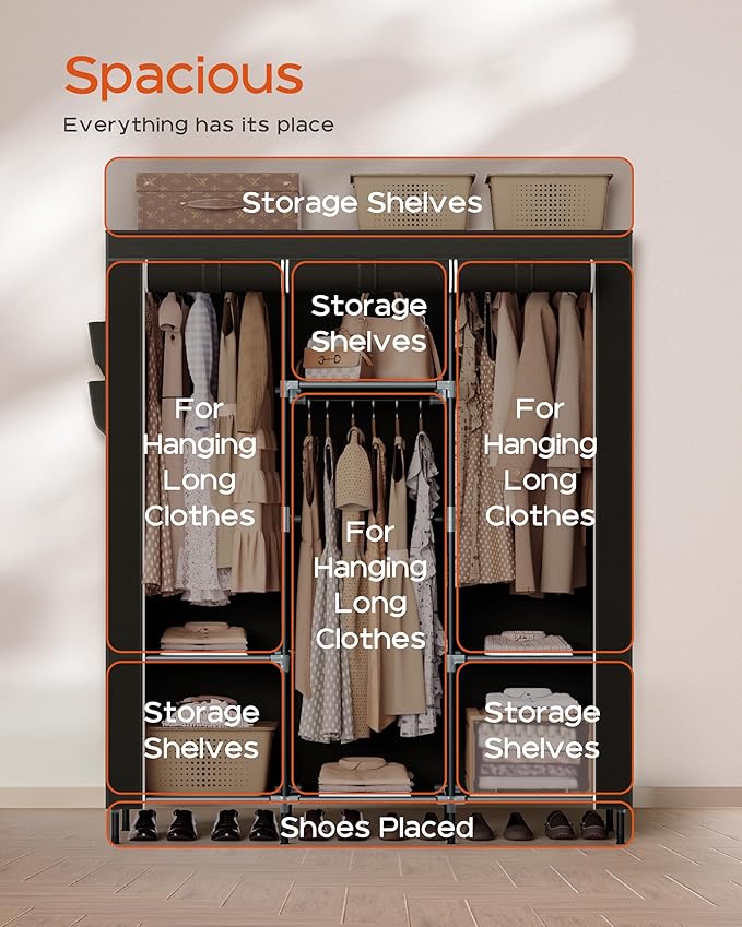 Portable Closet, 51.2 Inch Large Capacity Wardrobe Closet with Cover, Clothes Storage Organizer with Shelves and 3 Hanging Rods, Easy to Assembly, Black PCT203B01