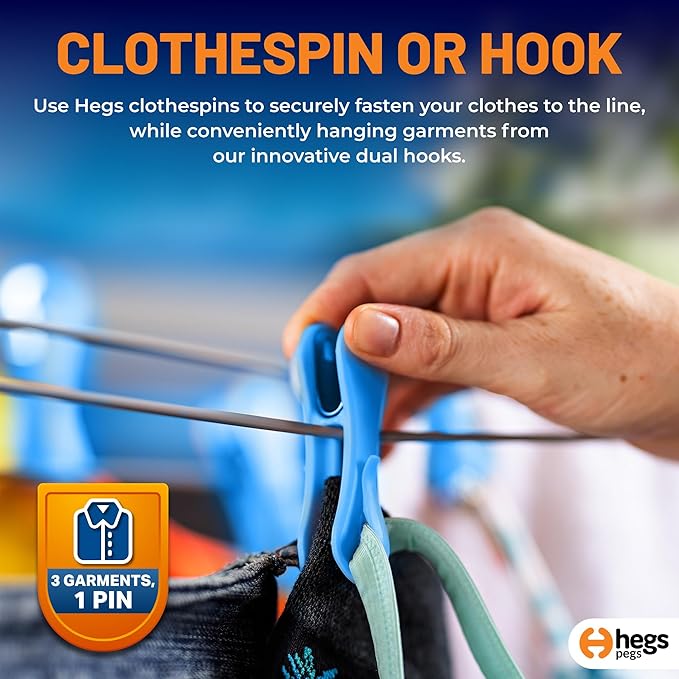 The Smartest Heavy Duty Clothespins with Hooks (30 Pack Bright Blue) - Hang 3 Garments at Once with Our Tough, Dual Hooks Clothes Pins with Anti-Rust Spring - Durable, Colorful Clothespins