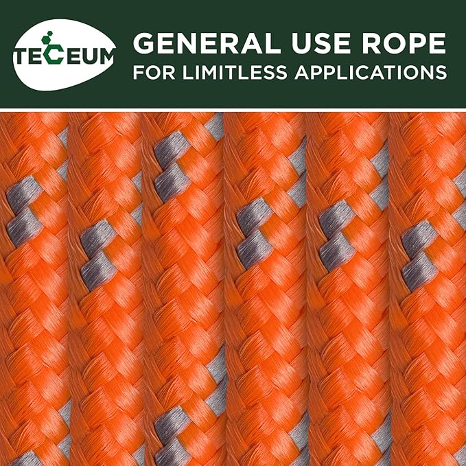 TECEUM Rope – 90 Feet x 3/8 Inch (10mm) – Orange Gray – Strong All-Purpose Utility Rope – Camping, Crafting, Flag Pole, Indoor & Outdoor – Polypropylene Nylon Poly Lightweight Diamond Braided Cord