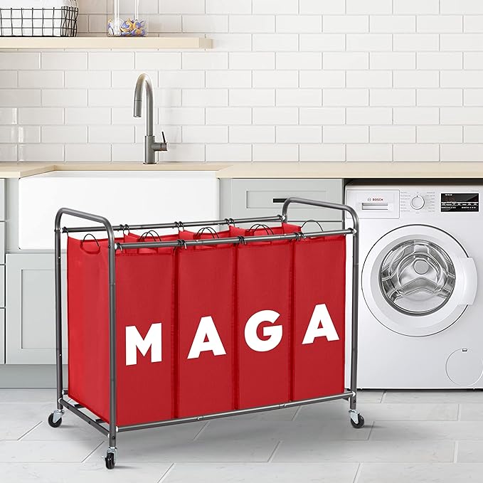 Laundry Sorter Hamper with Wheels, Laundry Basket Sorter 47.8 Gal (181L), Heavy-Duty Rolling Cart with Lockable Wheels and Removable Bags, Laundry Cart 4 Sections, RED