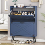 Shoe Cabinet with 2 Flip Drawers, Farmhouse Hidden Shoe Storage Cabinets, Narrow Wooden Shoes Organizer for Entryway, Slim Freestanding Shoe Rack Cabinet for Front Door Entrance, Blue