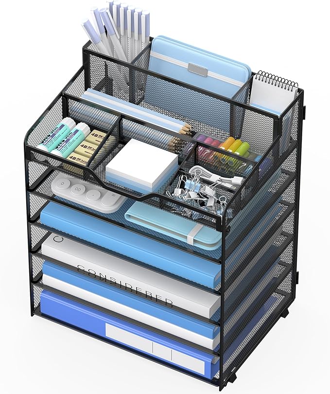 6 Tier Mesh Desk Organizer,Multi Functional Letter Paper Tray with 3 Pen Holders and 5 Adjustable Storage Compartments for Office Supplies Files and Mail Space Saving Desktop Organizer-Black