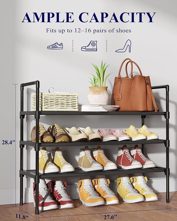 Kitsure Shoe Rack - 3-Tier Shoe Organizer, Shoe Rack for Closet, Entryway, Bedroom, Easy- Assembly Storage Shelf with Side Handles, 27.6" Wide - 3 Tiers, Black