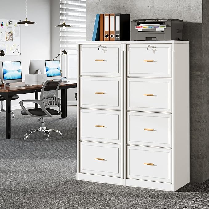 Tribesigns 4-Drawer File Cabinet with Lock, Locked File Cabinet with Key, Tall Wooden Filing Cabinets for Home Office, Vertical Office Storage for Legal Size/Letter/A4/Files, White (2 Pcs)