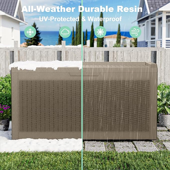 DRATO 70 Gallon Outdoor Storage box Waterproof, Resin Large lockable Deck Storage Box, Waterproof Storage Containers and Patio Furniture Side Table for Pool and Garden Accessories(70 Gallon, Gray)