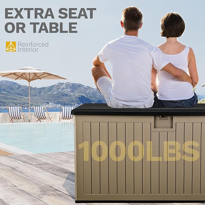 DWVO 230 Gallon Resin Outdoor Storage Box, XXL Double-Wall Waterproof Deck Box with Divider, Doubles as Table or Seating with 1000 lbs Capacity, Lockable (Black&Brown)