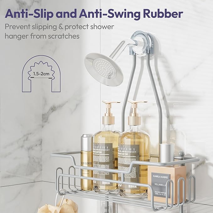 SWTYMIKI Bathroom Shower Caddy Hanging - 3 Tier Rustproof Over Shower Head Organizer, No Drilling Bathroom Shelf with 16 Hooks & Soap Holder, Anti-Swing Rack for Shampoo,Sponge,Towel, Silver, Medium