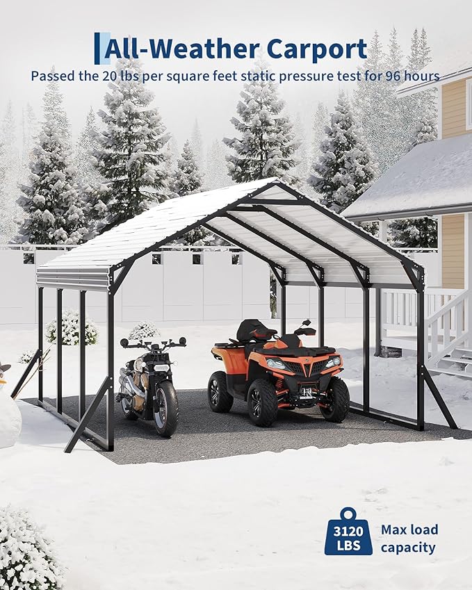 Garvee 12x13x9 ft Metal Carport, Car Port with Reinforced Frame and Steel Roof for All-Weather Use, Permanent Shelter for Cars, Motorcycles, ATVs, or Boats