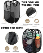 2 Pcs Strong Mesh Pop-up Laundry Hamper, Quality Pop Up Hampers for Laundry with Durable Handles Solid Bottom High Carbon Steel Frame, Easy to Open and Fold Flat for Storage(Black)