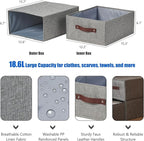 2PCS Closet Drawer Organizer Stackable Fabric Storage Boxes Bins Baskets with Lid PU Leather Handles Foldable Washable Cotton Linen Wardrobe Shelf Cloth Towels Container (Gray, Large)