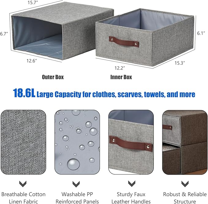 2PCS Closet Drawer Organizer Stackable Fabric Storage Boxes Bins Baskets with Lid PU Leather Handles Foldable Washable Cotton Linen Wardrobe Shelf Cloth Towels Container (Gray, Large)