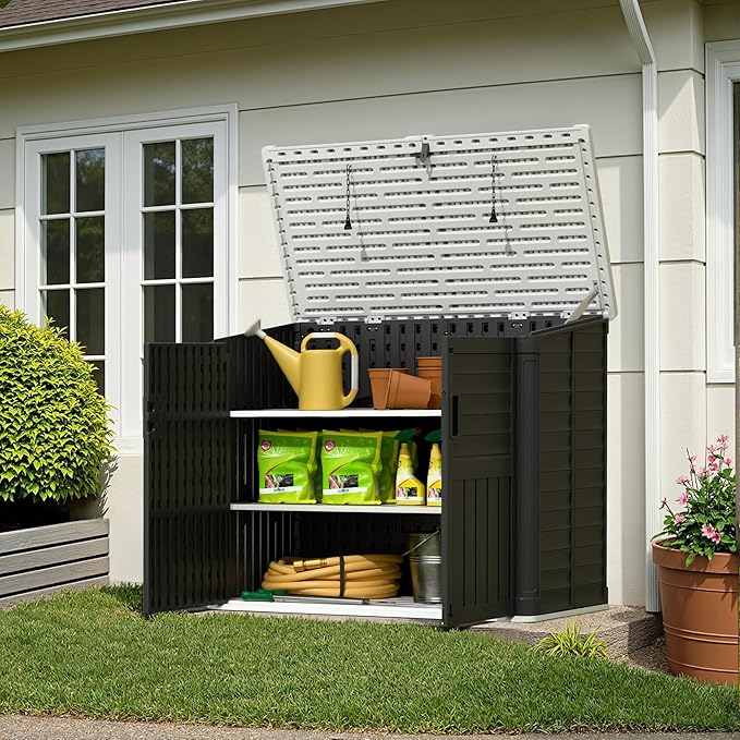 Greesum Outdoor Storage Shed 34 Cu Ft with Lockable Doors, Waterproof Outdoor Storage Cabinet for Trash Cans, Patio Cushions, Gardening Tools with Wood Grain Finish (Black)