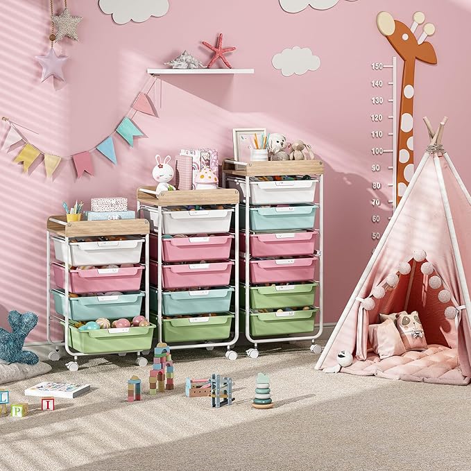 Rolling Craft Storage Cart with 4 Drawers,Utility Cart with Drawers,Art Craft Organizers and Storage,Kids Craft Cart,Kids Art Cart With DIY Lable and Wooden Tabletop Area,Colorful