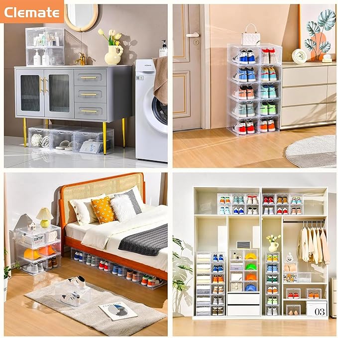 Clemate Upgraded X-Large Shoe Organizer,Shoe Storage Organizer,12 Pack,Shoe Box Clear Plastic Stackable,Drop Front Shoe Box with Clear Door, Shoe Containers For Sneaker Display,Fit up to US Size13