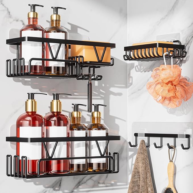 KEGII Adhesive Shower Caddy 4 Pack, No Drilling Shower Organizer with Towel Rack, Hooks & Soap Holder, Self-Adhesive Bathroom Shelves Rack for Space-Saving Storage