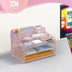 Docnest 3 Tier Mesh Desk Organizer for Paper Office Supplies – Multi-Functional Letter Tray with 5 Adjustable Compartments, 3 Pen Holders, Desktop Storage for Files, Mail, Stationery – Pink