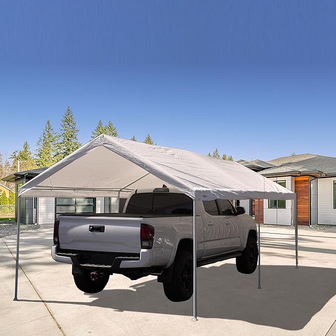 Caravan Canopy Powder Coated Heavy Duty Steel Frame Pop Up Carport with 6 Steel Stakes for Outdoor Activities and Events, White