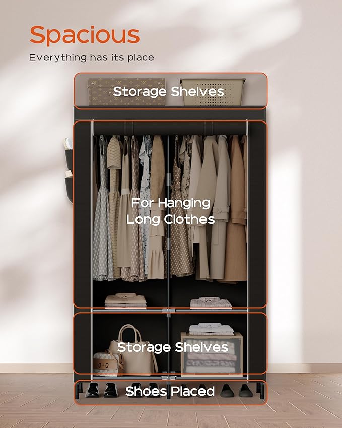 Portable Closet, 34 Inch Large Capacity Wardrobe Closet with Cover, Clothes Storage Organizer with Shelves and 2 Hanging Rods, Easy to Assembly, Black PCT202B01