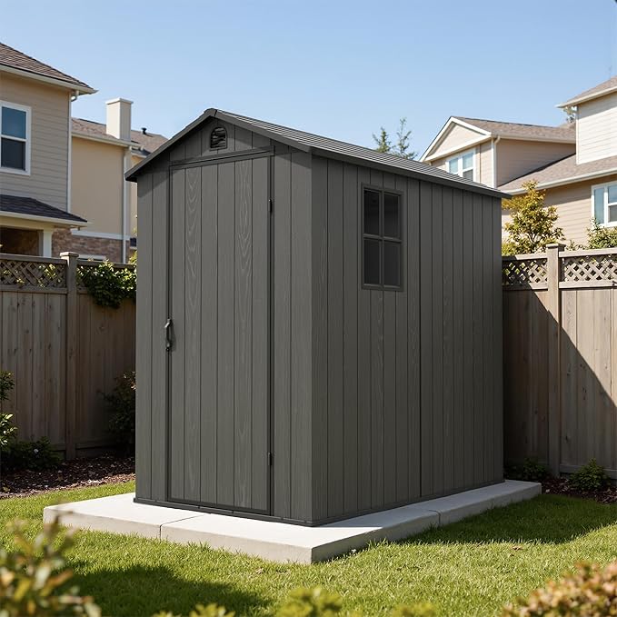 Devoko 4x6 FT Outdoor Storage Plastic Shed, Waterproof Resin Garden Shed with Lockable Door, Floor & Window, All-Weather Tool Shed for Backyard, Patio, Lawn, Poolside, Dark Gray