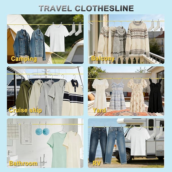 Portable Travel Clothesline, Windproof Clothes Laundry Line with Clothespins & Hang Holes, Indoor & Outdoor Clothes Drying Rope for Hotel, Backyard,Cruise Ships, Camping (Yellow, 20 Ft)