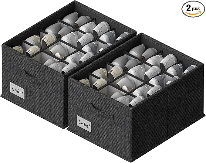 FHSQX 2 Pack Shoe Organizer for Closet,Fits up to 24 Pairs,Fabric Shoe Storage Bins,Large Shoe Box Storage Containers with Bottom Support for Shoes (Black, (16.5 * 12.6 * 9.5) x1)
