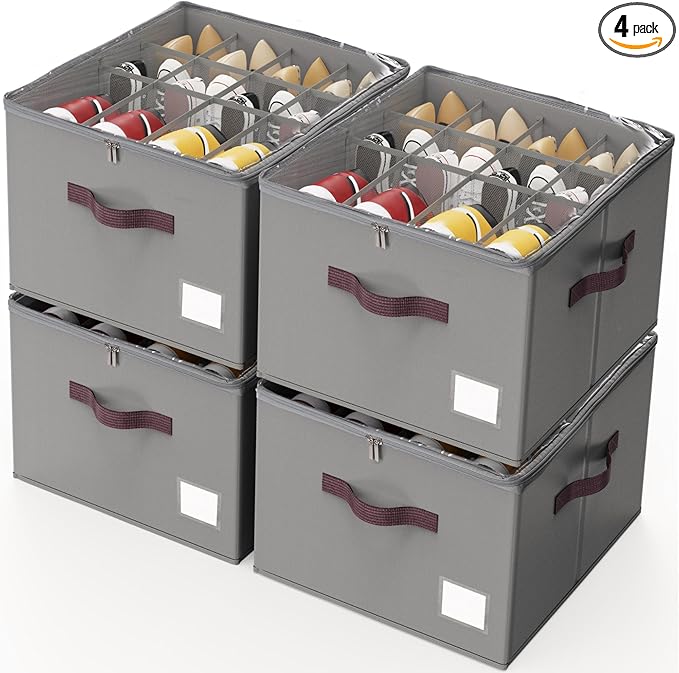Criusia Shoe Organizer for Closet, 4 Pack Shoe Organizer with Transparent Cover and Sturdy Handles, Closet Shoe Storage for Sneakers Sandals Slippers, Fit 12-16 Pairs, Gray
