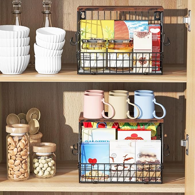 Fruit Basket for Kitchen Counter, Fruit Bowl Stackable Wall Mounted Hanging Fruit Basket Wire Basket with Wood Lid with Banana Hanger Hooks, Onion,Potato,Fruit and Vegetable Storage