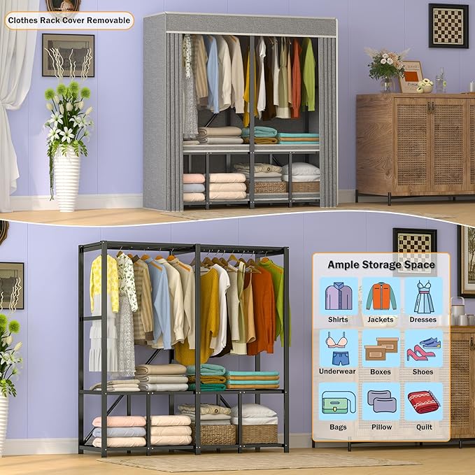 Heavy Duty Clothing Racks for Hanging Clothes with Cover, 95% Assembled Freestanding Foldable Portable Clothes Rack, 59“Lx70 H