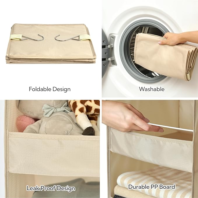 GRANNY SAYS 3 Shelf Hanging Closet Organizers and Storage, Collapsible Closet Storage Organizer with 2 Metal Hooks, Leak-Proof Hanging Shelves for Wardrobe, RV Camper, Locker, 2 Pack, Khaki