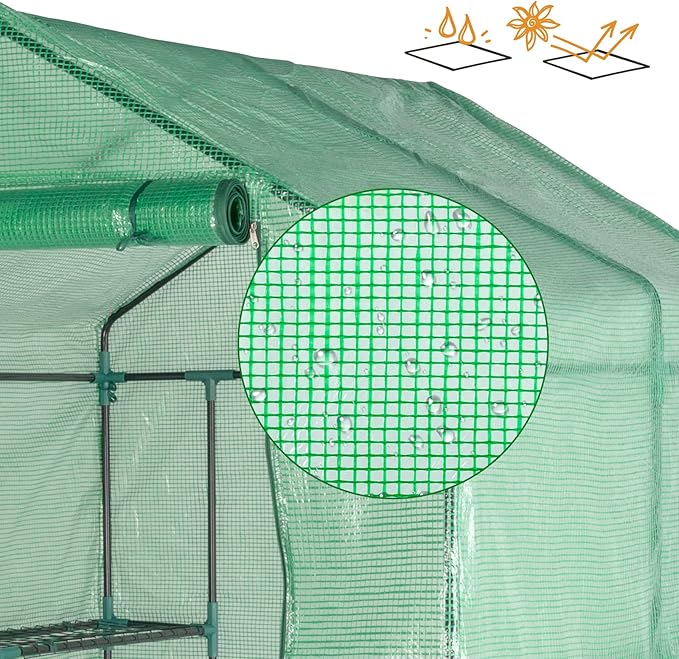 Walk-in Greenhouse with Iron Pipe Steeple, 77H x 56W x 56D inches, Greenhouse for Outdoors with Screen Windows, Green PE Cover, Roll-up Zipper Door, Portable Green House with Shelf Clips