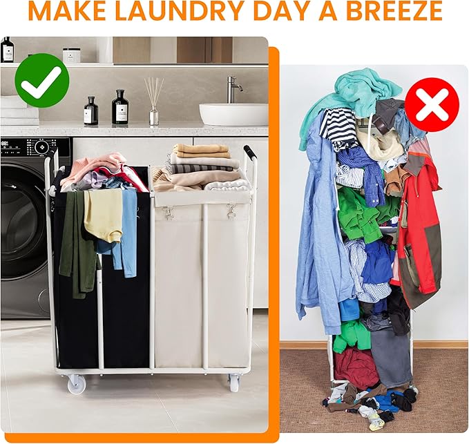 280L 2 Section Laundry Sorter Cart, Rolling Heavy Duty Laundry Sorter, Large Laundry Hamper with Removable Bags for Laundry Room, Bathroom, Hotel, Black & Beige