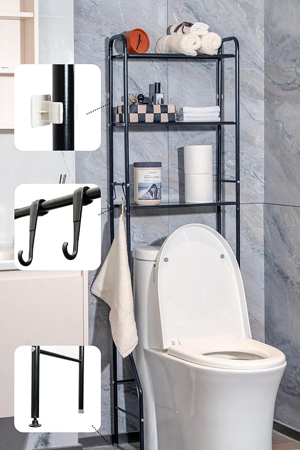 3-Tier Over The Toilet Storage, Space Saver Metal Bathroom Shelves, Freestanding Above Over Toilet Storage Shelf with 4 Hooks for Bathroom (Black)