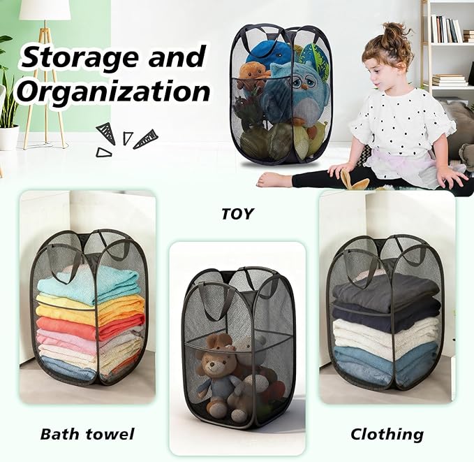 Pop Up Laundry Hamper Mesh Laundry Basket Collapsible Laundry Basket with Wide Opening Durable Hamper Bag for Clothes Storage (Black,1-PACK)