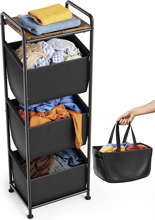 3 Section Laundry Sorter with Removable Bags, 120L Vertical Laundry Hamper with Shelf, Stackable Laundry Baskets organizer for Bathroom, Apartment, Dorm (Black, With Shelf)
