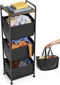 3 Section Laundry Sorter with Removable Bags, 120L Vertical Laundry Hamper with Shelf, Stackable Laundry Baskets organizer for Bathroom, Apartment, Dorm (Black, With Shelf)