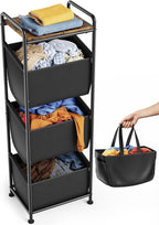 3 Section Laundry Sorter with Removable Bags, 120L Vertical Laundry Hamper with Shelf, Stackable Laundry Baskets organizer for Bathroom, Apartment, Dorm (Black, With Shelf)