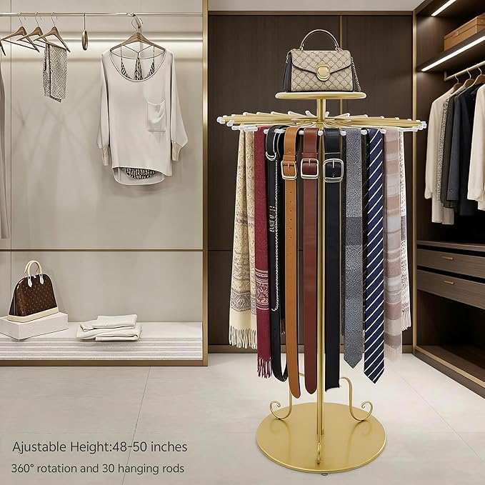 360° Rotating Gold Scarf Display Tie Rack Belt Hanger Holder Shawl Shelf, Adjustable Height Boutique Retail Display Stand Home Organizer for Commercial Clothing Store, Bedroom