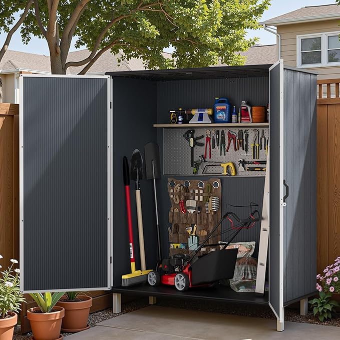 Patiowell 5x3 FT Resin Outdoor Storage Shed with Floor, Plastic Waterproof Outdoor Storage Cabinet, Garden Organizer Shed with Lockable Door for Patio Furniture, Pool Accessories, Dark Gray