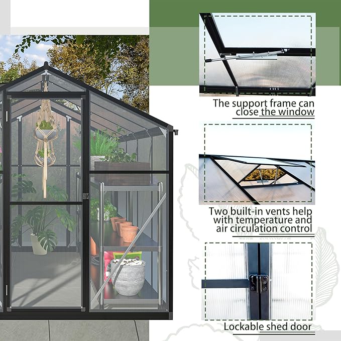 Large Walk-in Clear Polycarbonate Greenhouse with Rain Gutters & Adjustable Roof Vent - Sturdy Aluminum Frame Outdoor Plant House for Vegetable, Flower & Garden Growth-Outbuilding (6x8 ft)