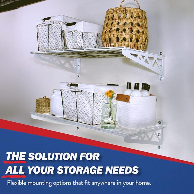 SafeRacks Wall Shelves - 2 Pk 18"x36" Wall Mountable Shelving Unit for Storage Rack, Pantry Shelves, Utility Shelving, Heavy Duty Shelves w/ 4 Versatile Accessory Hooks, 500lbs Capacity, White