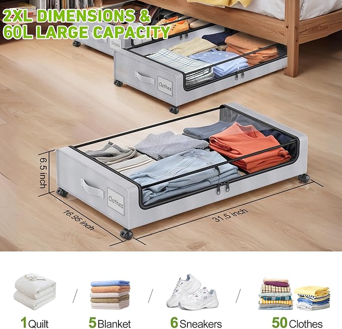 Beborxue Under Bed Storage with Wheels, 4-Pack Underbed Storage Containers with Clear Lids, XXL 60L Under the Bed Storage Organizer Bins, Rolling Under Bed Metal Drawer for Clothes,Shoes,Toys (Gray)