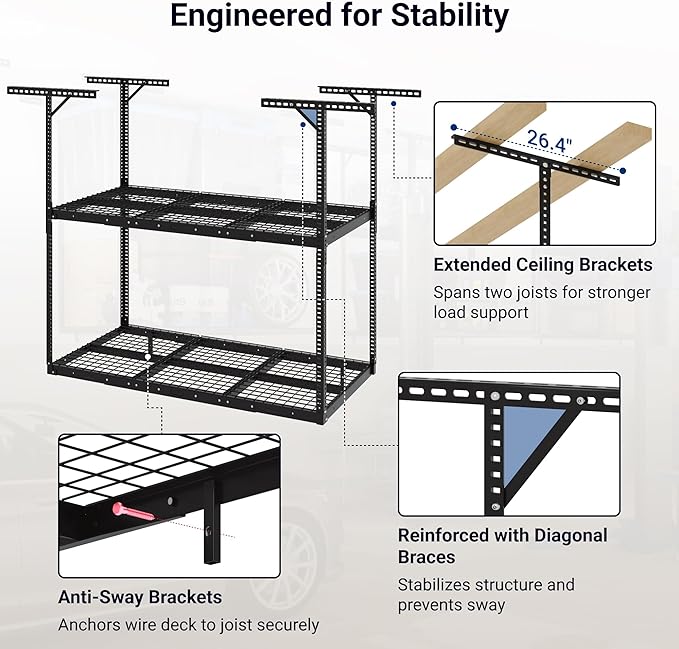 FLEXIMOUNTS 3x6 2-Tier Overhead Garage Storage Rack – Adjustable Heavy Duty Metal Garage Ceiling Storage Racks, 880 lbs Capacity – Garages Organization System for 9–15 ft Tall Garages, Black
