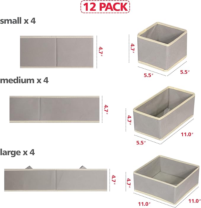 DIOMMELL 12 Pack Foldable Cloth Storage Box Closet Dresser Drawer Organizer Fabric Baskets Bins Containers Divider for Baby Clothes Underwear Bras Socks Lingerie Clothing,Grey 444