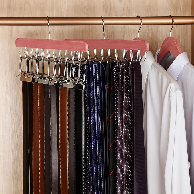 TOPIA HANGER Cedar 2 in 1 Belt Tie Hanger for Closet Max 30 Belts with 30 Ties Capacity, 20 Hooks Belt Tie Racks Hanger for Closet Organizer Storage “U” Fit Belt and “一” Fit Tie - CT53C