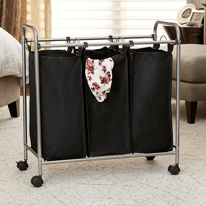 Household Essentials Rolling Triple Laundry Sorter, Silver