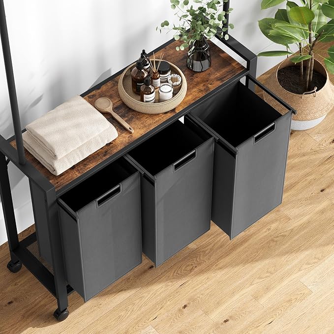 Laundry Sorter Cart with Hanging Rod, 3 Section Laundry Hamper with Wheels for Small Spaces, Laundry Organizer, Dirty Clothes Hamper for Apartment, Dorm